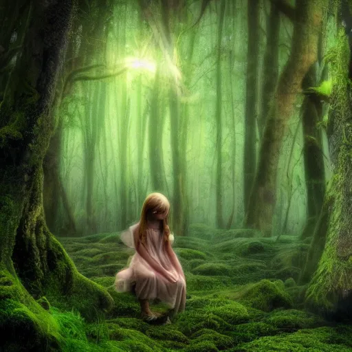 Prompt: forest child and fairy, light, river, magical forest, fog, moss