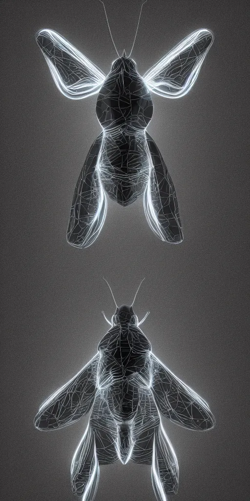 Image similar to cybernetic moth. portrait. complex shape. octane render. 8 k. soft light. dark background. monochrome. cinematic.