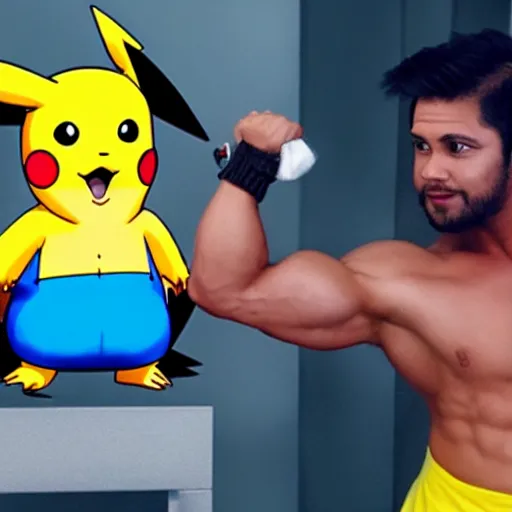 Image similar to pikachu extremely muscled, muscles, realistic, 4 k, photographic