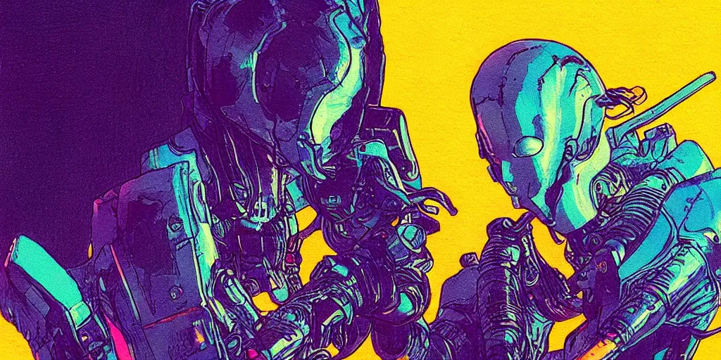 Prompt: a close - up grainy, risograph painting, hyper light drigter, neon colors, a big porcelain glossy eva 0 0 1 - like head, with long hair, floating above the sharp peaks weapons, style by moebius and kim jung gi