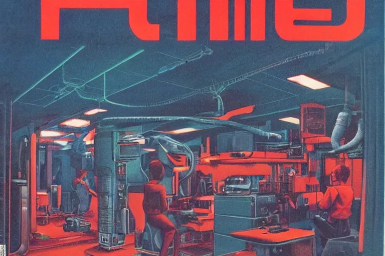 Image similar to 1979 OMNI Magazine Cover of a denture laboratory. in cyberpunk style by Vincent Di Fate