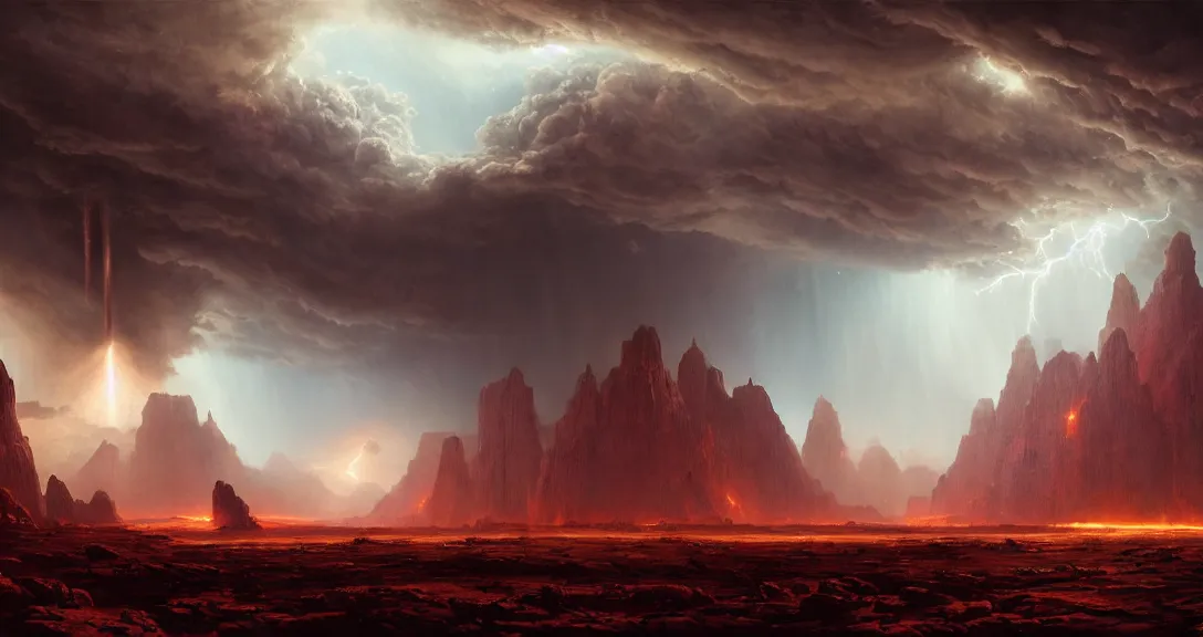 Prompt: an epic colossal scene in a forgotten ancient city of demigods from the exoplanet Gliese 581c on a harsh alien desert, by Nathan Dane Clarke, by Bruce Pennington, masterpiece, cinematic composition, aesthetic, dynamic, beautiful, detailed, beautiful lighting, stormy weather, thunder, volumetric dark clouds, heavy acid rain, 8K, no frames, rtx on, HDR radiance