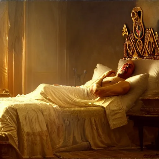 Image similar to the catholic pope in his bed, terrified, because a horned shadow demon is approaching his bed. highly detailed painting by gaston bussiere, greg rutkowski, craig mullins 8 k