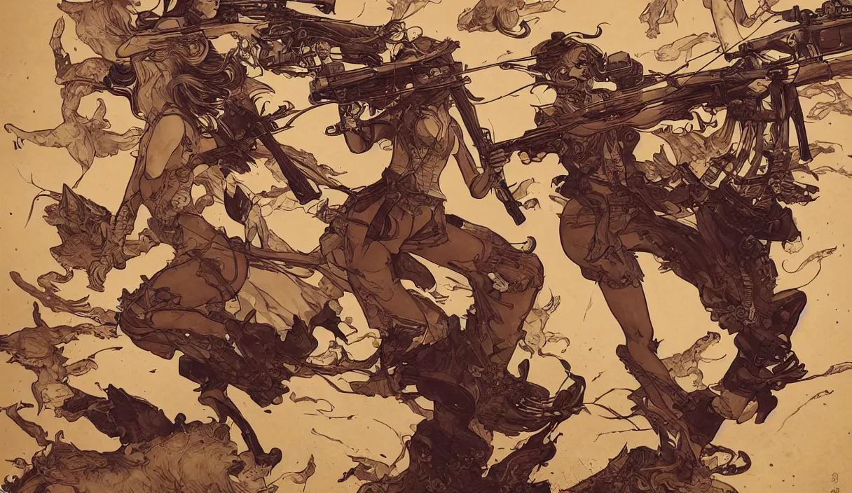 Image similar to a beautiful, dynamic illustration of an anthropomorphic fox - woman running and gunning with a winchester rifle, wild west theme, focal depth, highly detailed, art by joseph leyendecker, peter mohrbacher, ruan jia, marc simonetti, ayami kojima, cedric peyravernay, alphonse mucha, victo ngai,