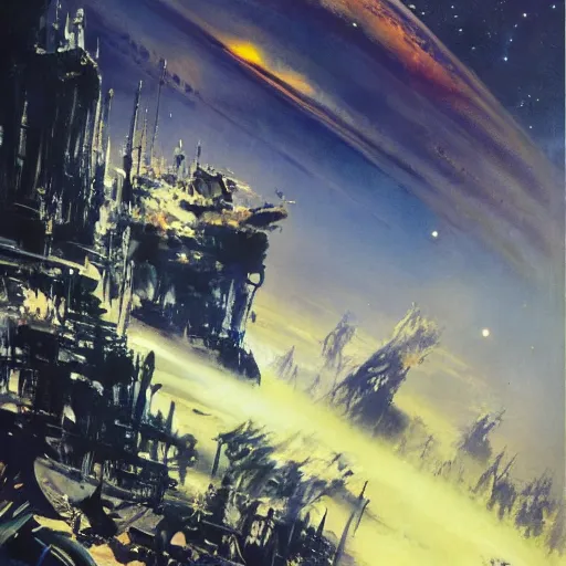 Prompt: phantom grip, the edge of the universe (on film), by John Berkey and Rodney Matthews