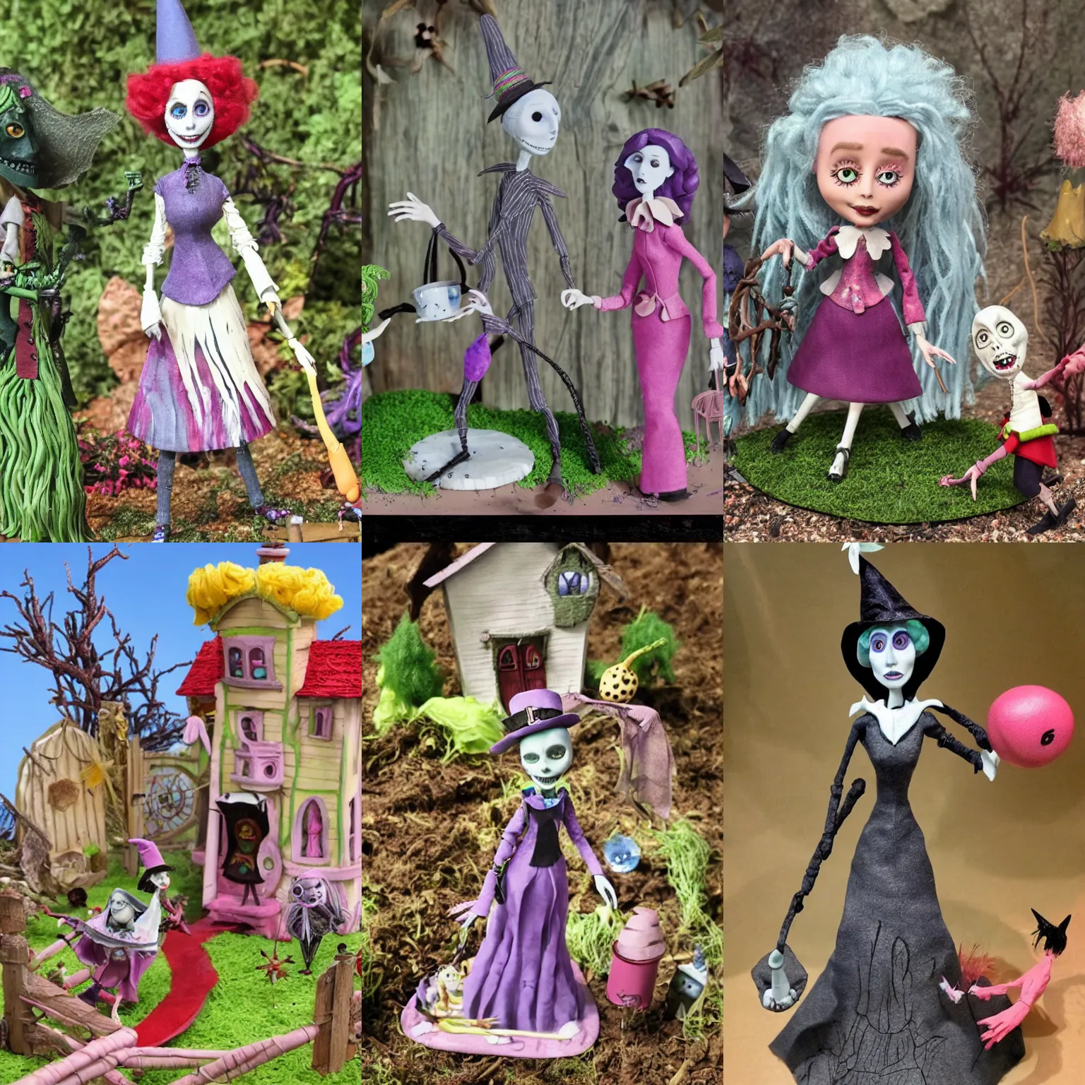 Prompt: witch gardener from Tim Burton's Nightmare Before Christmas and Barbie Dreamhouse Adventures (2016), stop motion, claymation