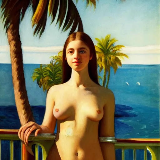 Prompt: a ultradetailed beautiful painting of a girl in the amazonas palace balustrade designed by edward hopper, tarsila do amaral, frank weston and gustave baumann, beach, trending on artstation, mediterranean, palm trees, detailed face, sharp focus, soft light, 8 k 4 k