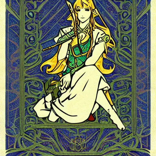Image similar to the legend of Zelda, in the style of art nouveau,
