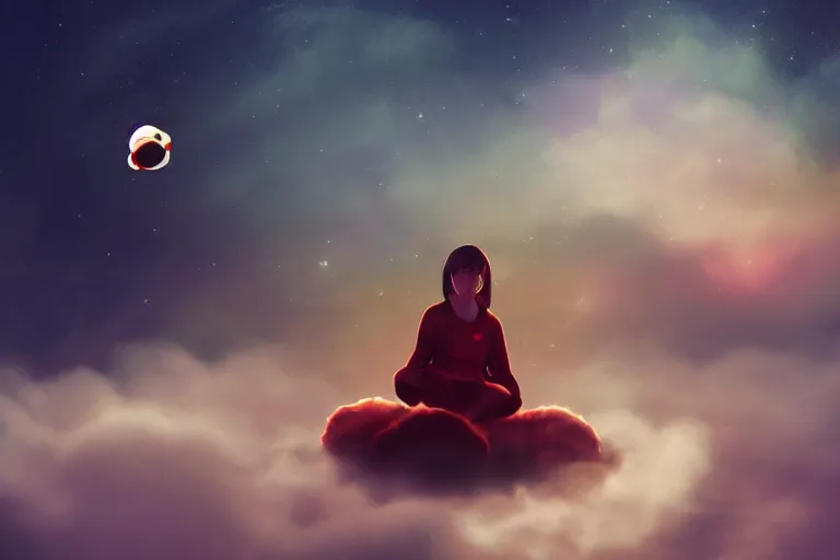 Image similar to a cute astronaut girl sitting on a cloud relaxing, misty, digital art, hazy, foggy, red lighting, ambient lighting, 8 k,