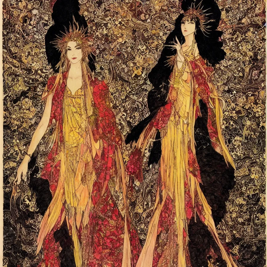 Prompt: watercolor, final fantasy character design, east-asian queen-goddess wearing a shiny golden sunflower crown and a divine black and brown dress, character portrait, angelic, shrouded in soft red smoke, harry clarke artwork