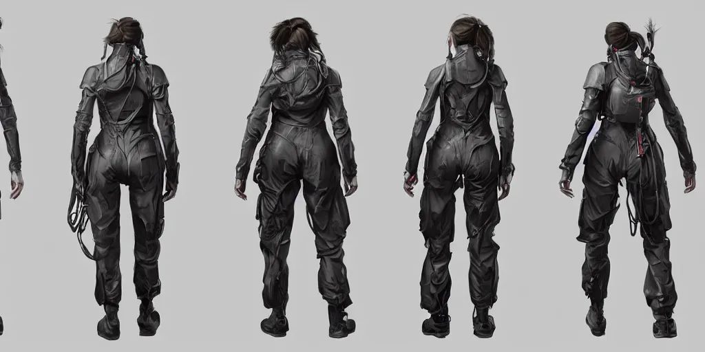 Image similar to front and back character view of a woman in scientist's jacket with a system of straps and pouches for collecting material by Donato Giancola and Tetsuya Nomura, trending on artstation and pixiv clean sci-fi concept art and sheet that using unreal engine 5 render and hyper detailed 3D texture with cinematic software light