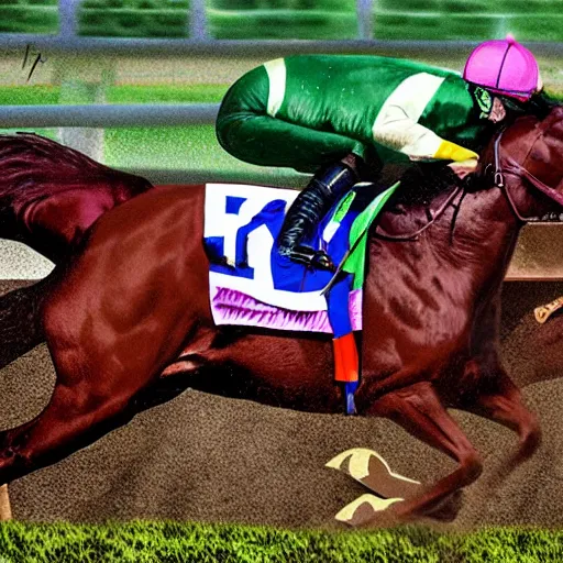 Prompt: close - up front view of a racing thoroughbred stallion ( with jockey in colorful outfit ) galloping extremely hard and emerging headfirst out of very dense ground fog to win a race at the track. photorealistic digital art.