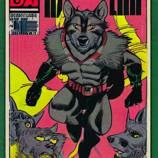 Image similar to 1 9 8 0 s comic book cover scan featuring a portrait of villain male wolf o'donnell anthropomorphic wolf furry fursona from starfox wearing a dark space mercenary uniform, dark grey wolf, handsome eyes, wolf o'donnell