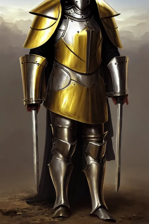 Prompt: man looking forward in iron decorated with gold christian crusader plate armor, cylindrical crusader great helm covering all his head and white cape covering his back and arm standing at the gates of jerusalem drawn by greg rutkowski realistic high detail