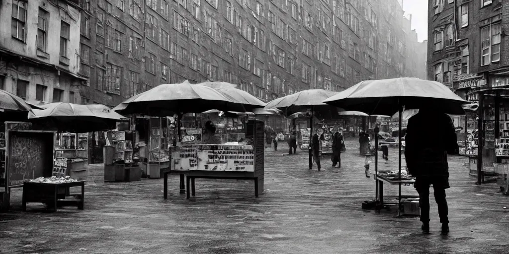 Prompt: medium shot of lonely market stall with umbrellas and sadie sink in hoodie. in ruined square, pedestrians on both sides. steampunk tenements in background : 3 5 mm film, anamorphic, from schindler's list by steven spielberg. cyberpunk, cinematic atmosphere, detailed and intricate, perfect anatomy