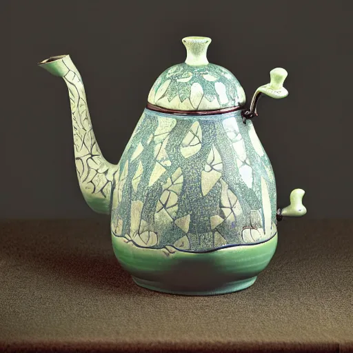 Prompt: still life photograph of an owl kettle, glazed ceramic, tilt shift, very beautiful, global illumination, intricate linework, short spout, tall handle