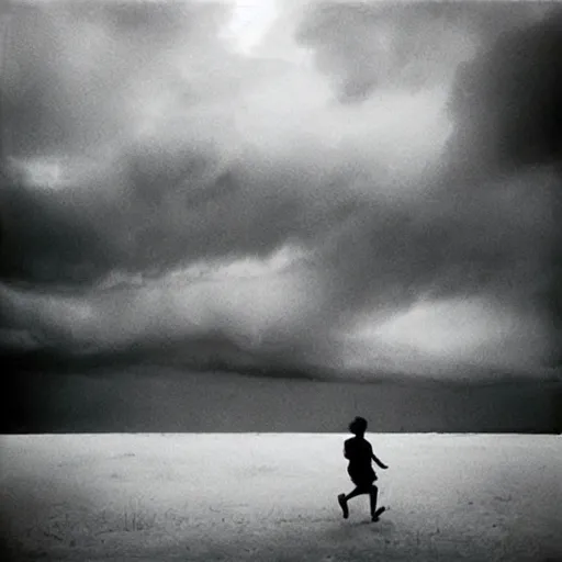 Prompt: man running from the stormy clouds by Trent Parke, clean, detailed, Magnum photos