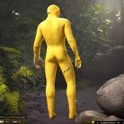 Image similar to « a person wearing yellow hazma suit, in a dark jungle, photorealistic, unreal engine 5, full body portrait, back view »