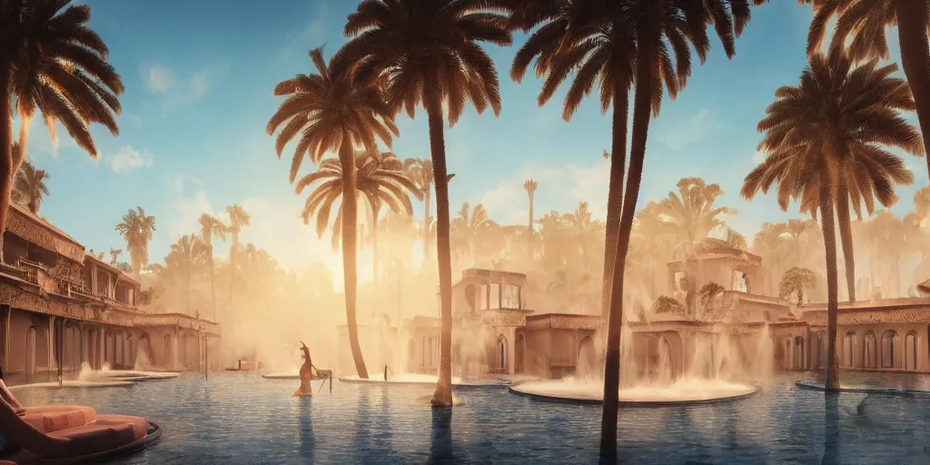 Image similar to beautiful bath house surrounded by palm trees, moroccan tile archways,, ivory towers, sun setting, ross tran, nephilim, pyroclastic flow, ethereal, fantasy, james jean, oozium, peter morbacher, angelarium, alchemy, luxury, heavenly light, soft illumination, trending on artstation, cinematic lighting, digital painting, octane render, artgerm