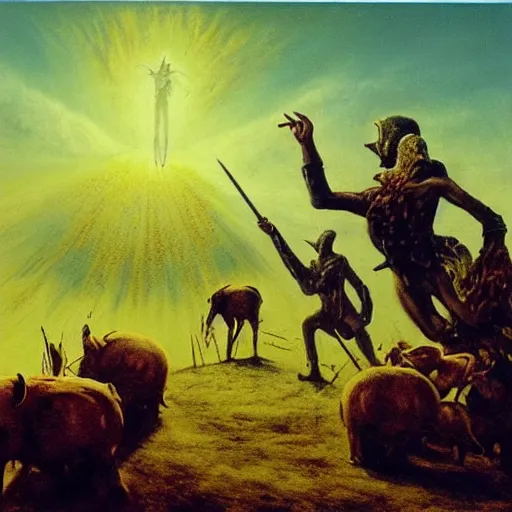 Prompt: ultra realistic painting of harold h. hamlet fending off the corrupted soldiers of recda, the last witch of the north on the mountain of gratsville but the great swine of the seventh sun is casting a spell to cause a catastrophe, by beksinski