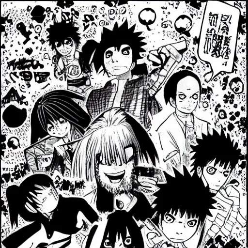 Image similar to “Friday” graphic novel illustrated by Kishimoto published on Shonen Jump 1996 black and white pen and ink highly detailed