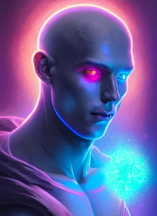 Prompt: a faceless humanoid male liquefied stardust adventurer, dnd fantasy character, full body portrait, glowing neon skin, magical aura, ultra realistic, intricate, elegant, highly detailed, digital painting, artstation, smooth, sharp, focus, illustration, art by artgerm and greg rutkowski and alphonse mucha