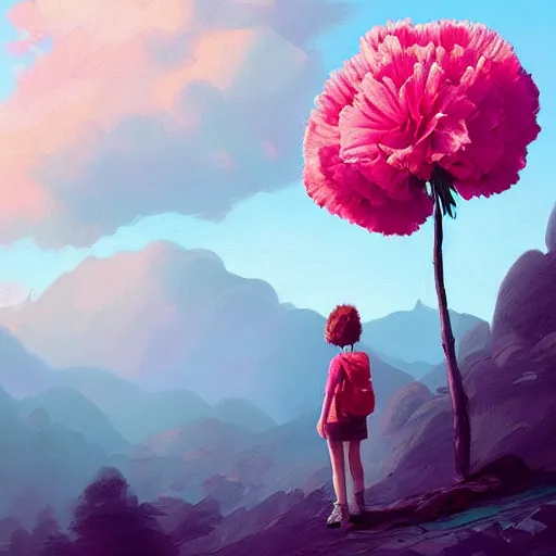 Image similar to giant carnation flower head, girl hiking in the mountains, surreal photography, sunrise, dramatic light, impressionist painting, colorful clouds, digital painting, artstation, simon stalenhag