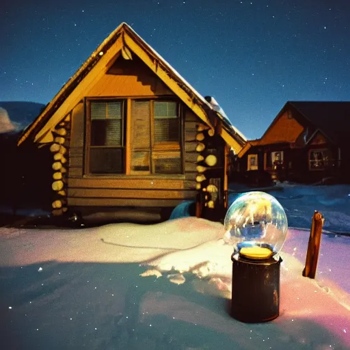 Prompt: view of a snowglobe neighbourhood that is sitting on a table of a cabin at night with stove, ektachrome photo, f8 aperture