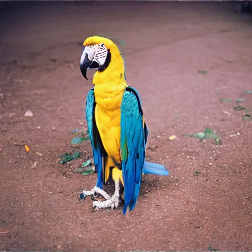 Prompt: Blue and Gold Macaw in ground lost on backrooms, cinematic shot, cinestill 800 t