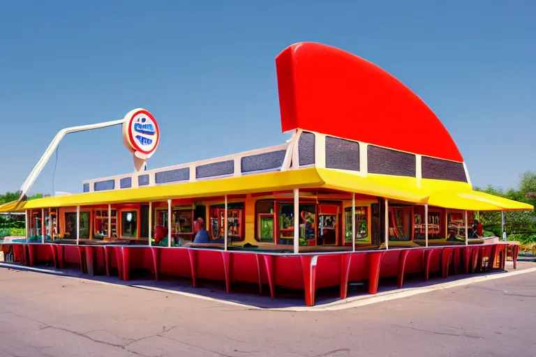 Prompt: 1 9 7 5 googie popsicle, people sitting at tables, googie architecture, two point perspective, americana, restaurant exterior photography, hd 4 k, taken by alex webb
