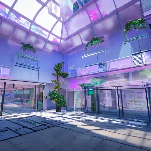Prompt: vaporwave mall, liminal space, high detail, rendered in unreal engine, 3d render, god rays, volumetric lighting, large windows, vegetation
