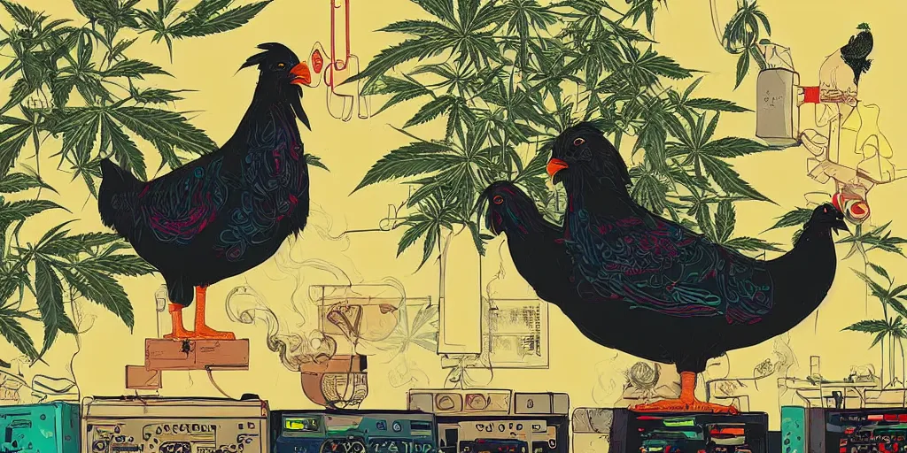 Prompt: 'black chicken!!!' smoking 'cannabis!!!!!!' in front of 'multi monitors!!!!!!' broadcasting studio, artwork by James Gilleard