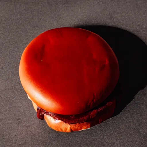 Prompt: vintage analog product photography of a leather hamburger, 70s design, bright red, studio lighting, film grain, lensflare, color bleed, glare