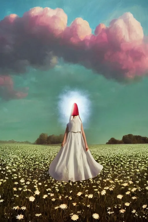 Image similar to giant white daisy flowers as face veil, girl walking in a flower field, surreal photography, sunrise, dramatic light, impressionist painting, colorful clouds, digital painting, artstation, simon stalenhag