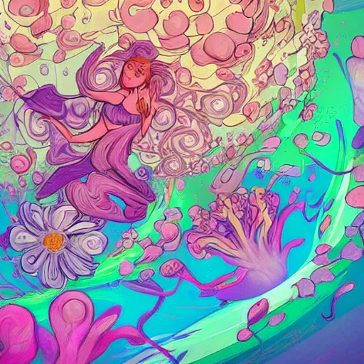 Image similar to Digital art. This illustration is a large canvas, covered in a wash of color. In the center is a cluster of flowers, their petals curling and twisting in on themselves. The effect is ethereal and dreamlike, and the overall effect is one of serenity and peace. Jetsons by Josan Gonzalez