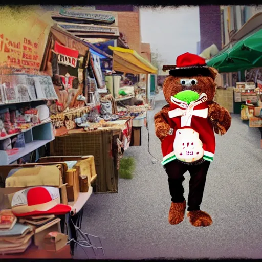 Prompt: hyperrealistic photo of the Snappy Gifts mascot delivering gifts in a flea market