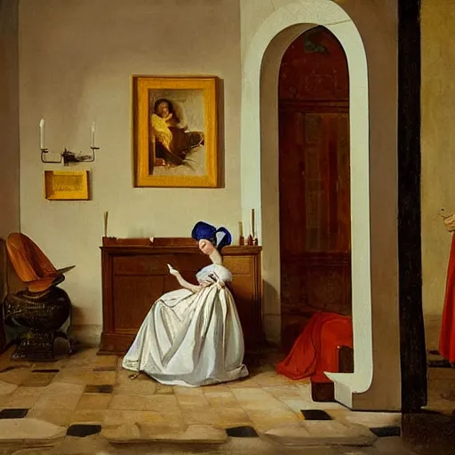 Image similar to photorealistic photoshoot puerto rican fashion designer clothe in tetradic color scheme, pieter de hooch lighting