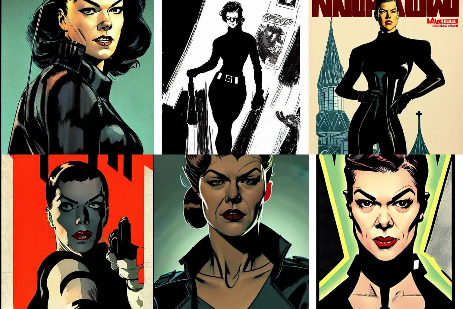 Image similar to Rafael Albuquerque comic art, Norman Rockwell, Adrianne Palicki as a Russian spy, black outfit, smirk, fun pose, hair pulled back symmetrical face, symmetrical eyes, realistic face