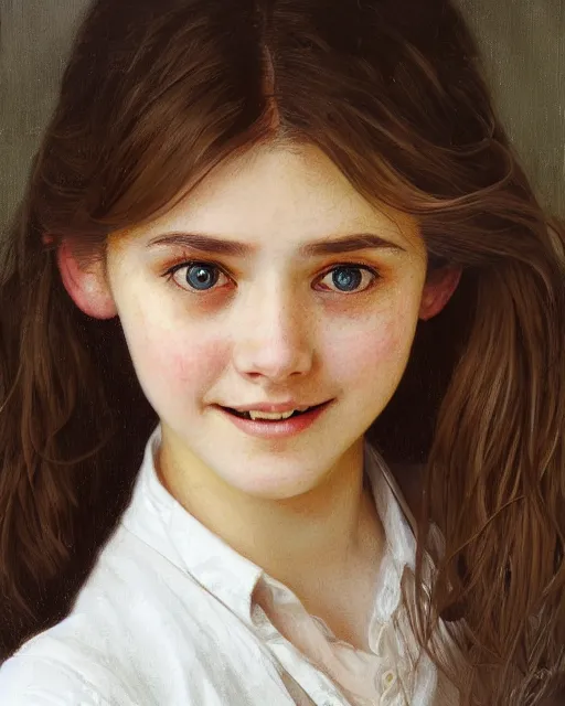 Prompt: portrait of 1 5 - year - old girl, little smile, with large front teeth, very bushy brown hair, and very bright brown eyes, wearing white shirt, hyper realistic face, beautiful eyes, close up, fantasy art, in the style of greg rutkowski, intricate, alphonse mucha, hyper detailed, smooth