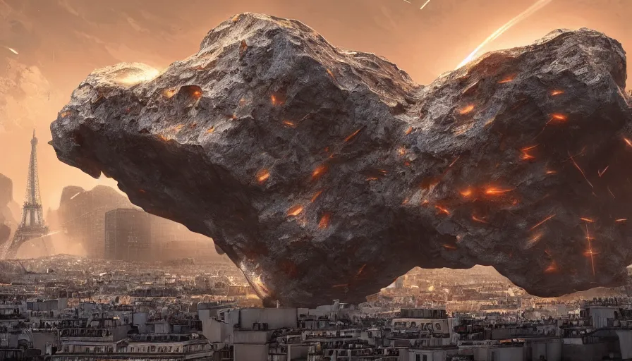 Prompt: A huge meteorite is about to hit Paris, hyperdetailed, artstation, cgsociety, 8k