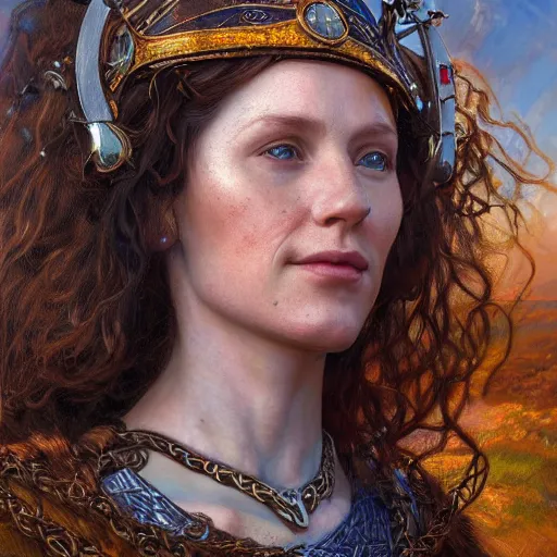 Image similar to an portrait of an happy female scottish celtic queen, detailed, centered, digital painting, artstation, concept art, donato giancola, Joseph Christian Leyendecker, WLOP, Boris Vallejo, Breathtaking, 8k resolution, extremely detailed, beautiful, establishing shot, artistic, hyperrealistic, beautiful face, octane render