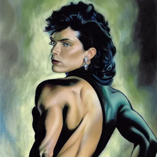 Image similar to woman with black hair, dressed all in black, showing the muscles of her arms, by donato giancola, alex ross, and berthold woltze.