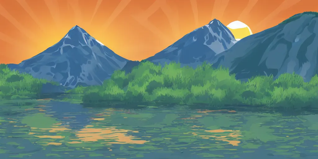 Image similar to illustration of a big and beautiful mountain with a clear pond in front of it and an orange sun behind the mountain, vector art