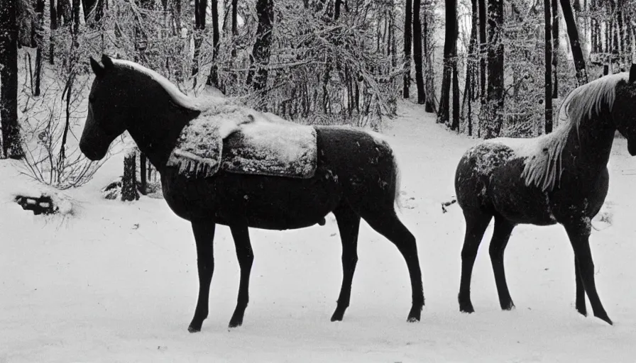 Prompt: 1 9 6 0 s movie still close up of marcus aurelius + horse both frozen to death under the snow by the side of a river with gravel, pine forests, cinestill 8 0 0 t 3 5 mm b & w, high quality, heavy grain, high detail, texture, dramatic light, anamorphic, hyperrealistic, detailed hair, foggy