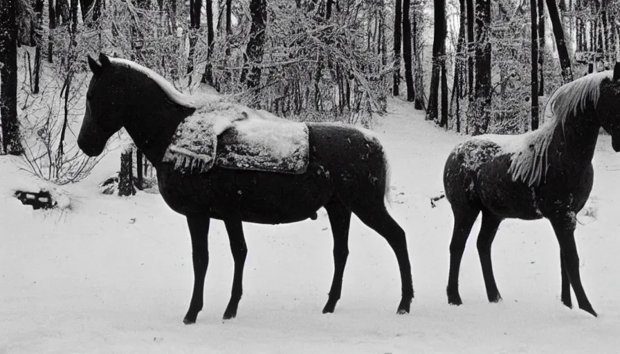 Image similar to 1 9 6 0 s movie still close up of marcus aurelius + horse both frozen to death under the snow by the side of a river with gravel, pine forests, cinestill 8 0 0 t 3 5 mm b & w, high quality, heavy grain, high detail, texture, dramatic light, anamorphic, hyperrealistic, detailed hair, foggy