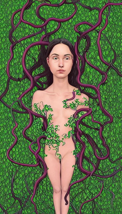 Image similar to very detailed portrait of a 2 0 years old girl surrounded by tentacles, the youg woman visage is blooming from fractal and vines, by wes anderson,