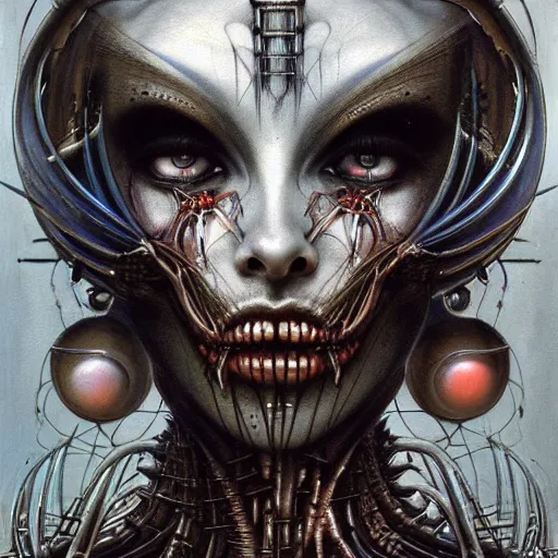 Image similar to a portrait of a beautiful biomechanical queen of the damned, sci-fi concept art by giger and beksinski and szukalski and wlop and pete mohrbacher, digital art, highly detailed, intricate, horror, sharp focus, Trending on Artstation HQ, deviantart, unreal engine 5, 4K UHD image