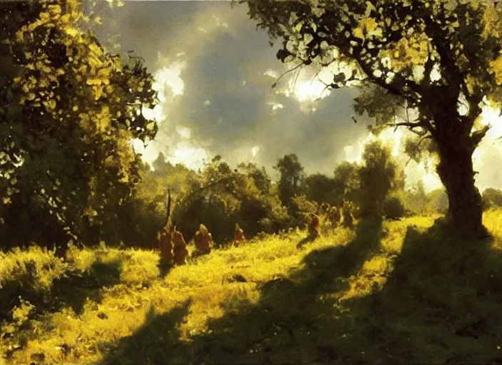 Image similar to oil painting of translucent pears on tree, medieval forest path in dawn by anders zorn, wonderful art by greg rutkowski, incredible lighting, shadows, beautiful cinematic light, american romanticism by greg manchess, tall rocky mountains and storm clouds, sun rays, sunshine, bright sunny summer day, stone walls and wooden fences, meadow