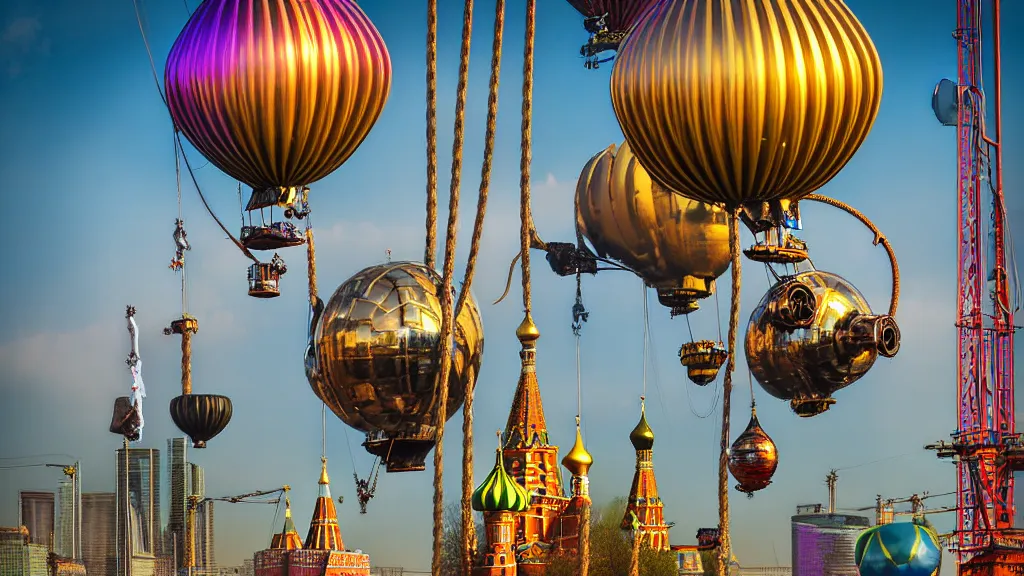 Image similar to large colorful futuristic space age metallic steampunk steam - powered balloons with pipework and electrical wiring around the outside, and people on rope swings underneath, flying high over the beautiful moscow city landscape, professional photography, 8 0 mm telephoto lens, realistic, detailed, photorealistic, photojournalism