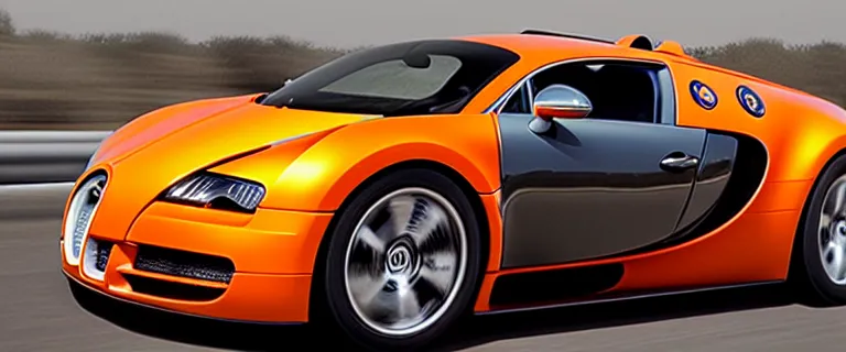 Image similar to orange and black Bugatti Veyron, driving in South Tangerang, South Jakarta, Indonesia, close up shot, Tilted frame, dutch angle, Deep depth of field, Midday, harsh overhead sunlight, directional sunlight skewed shot, trending on artstation,